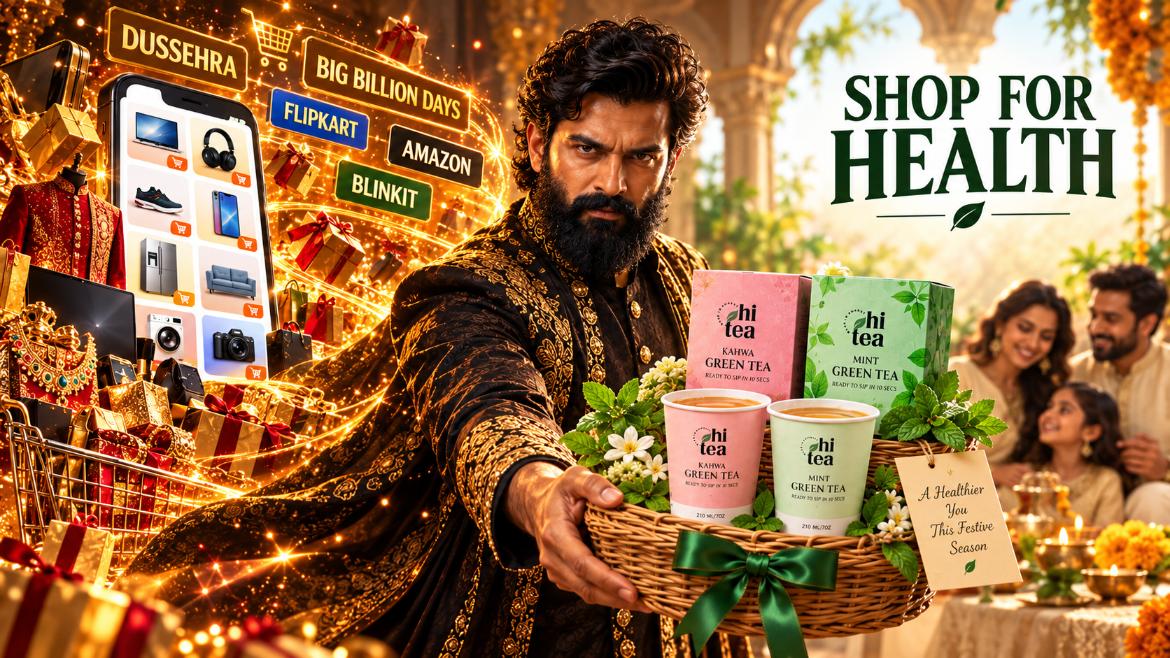 
          Indian family compares festive gift lists and online shopping beside a small HI TEA green tea cup
        
