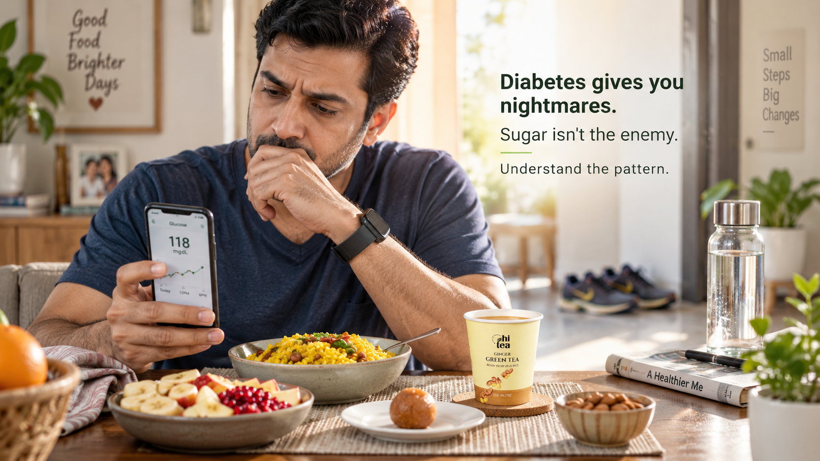 
          HI TEA Classic Green Tea with an Indian breakfast during a realistic diabetes and blood sugar routine
        