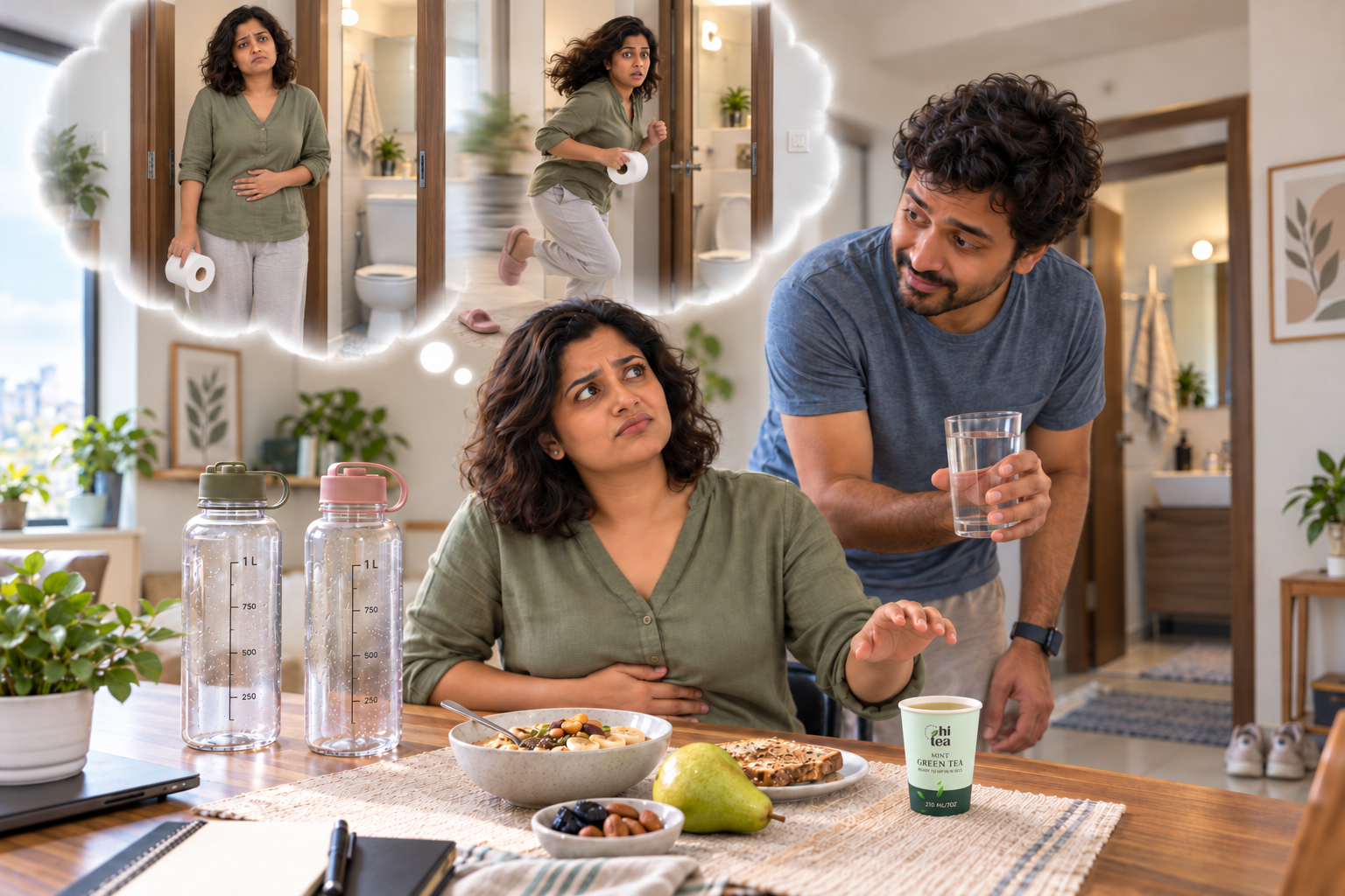 
          HI TEA Classic Green Tea with a fibre-rich breakfast during a morning routine for constipation despite drinking enough water
        