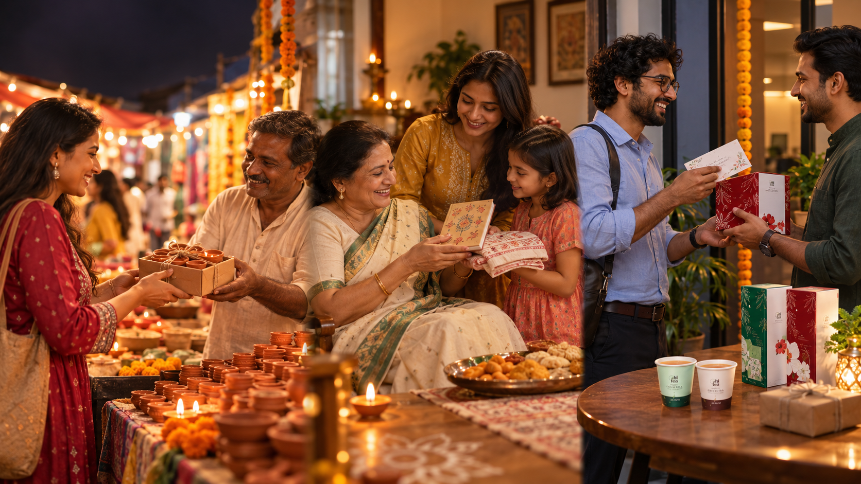 
          Indian family chooses practical Diwali gifts under ₹500 beside a small handleless HI TEA cup
        