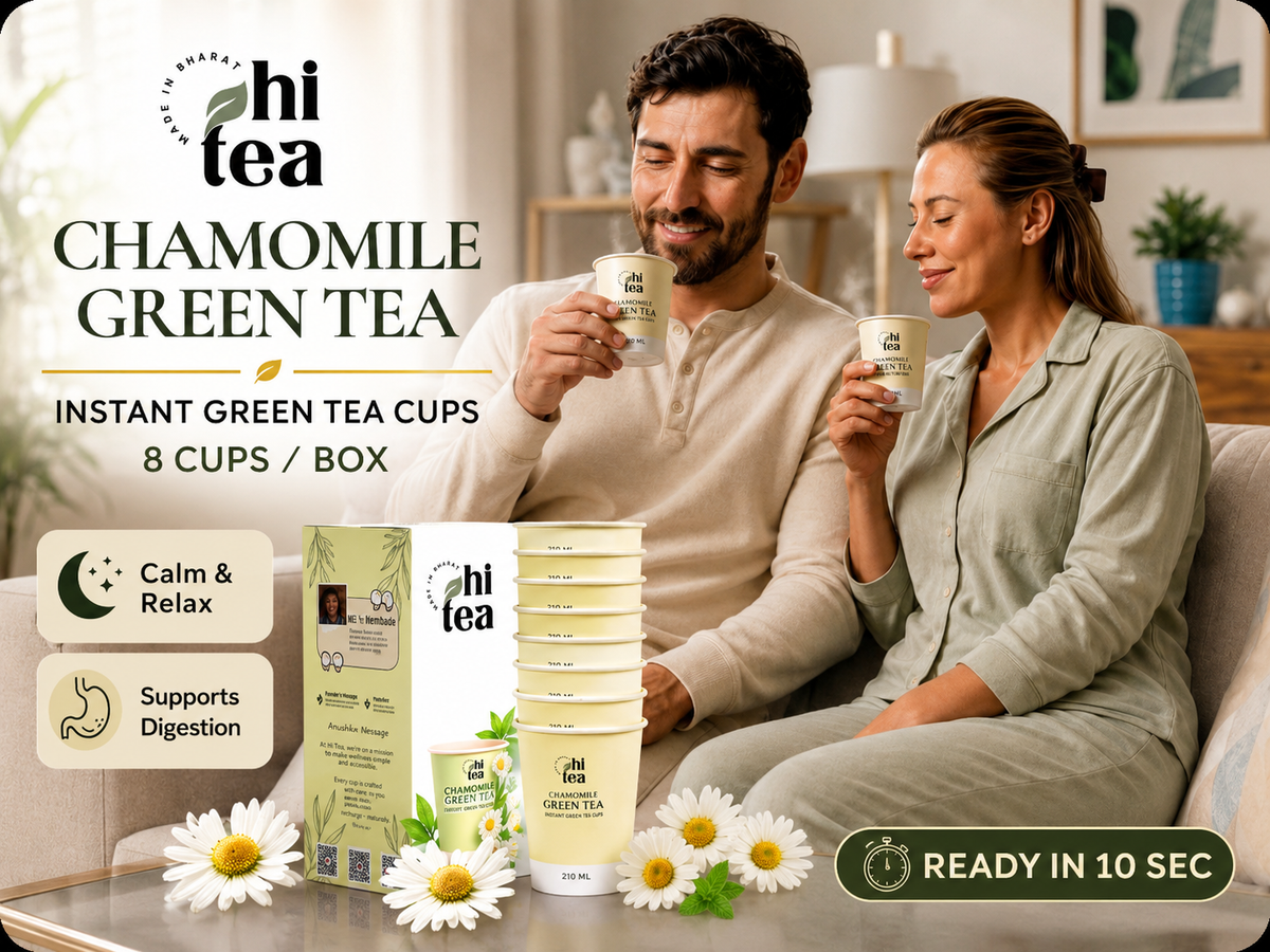 A realistic evening lifestyle photograph showing a woman relaxing with a small chamomile green tea cup as part of a calm pre-bed routine.