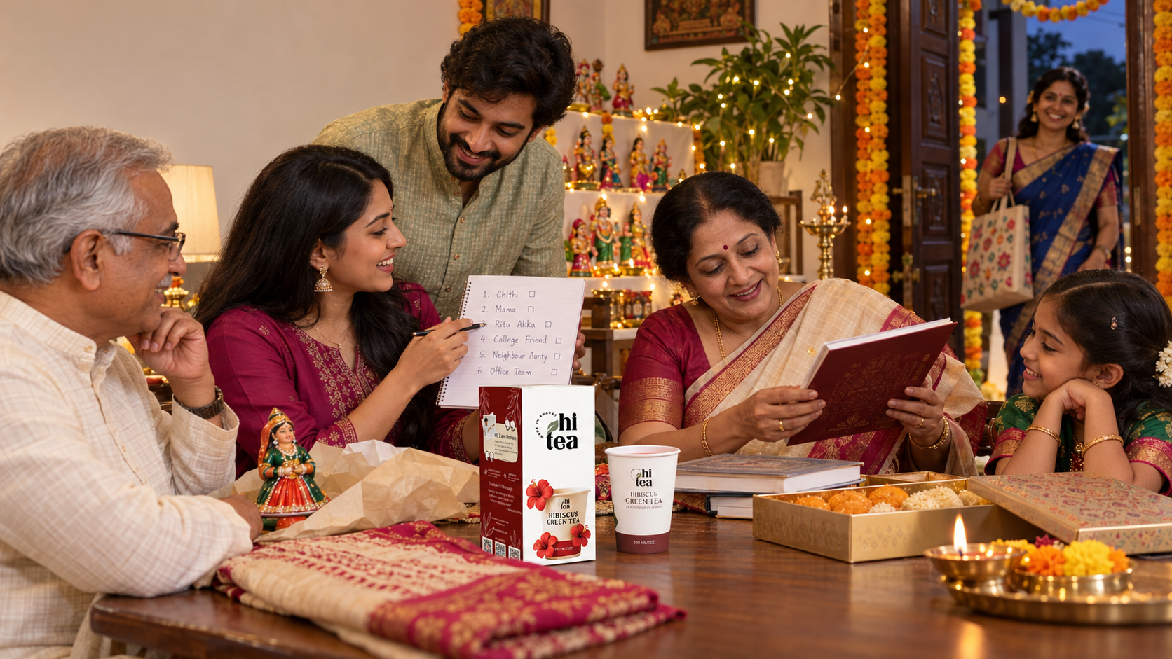 
          Indian family choosing Navratri and Dussehra gifts for hosts and relatives around a table with a book, craft, sweets and HI TEA box
        