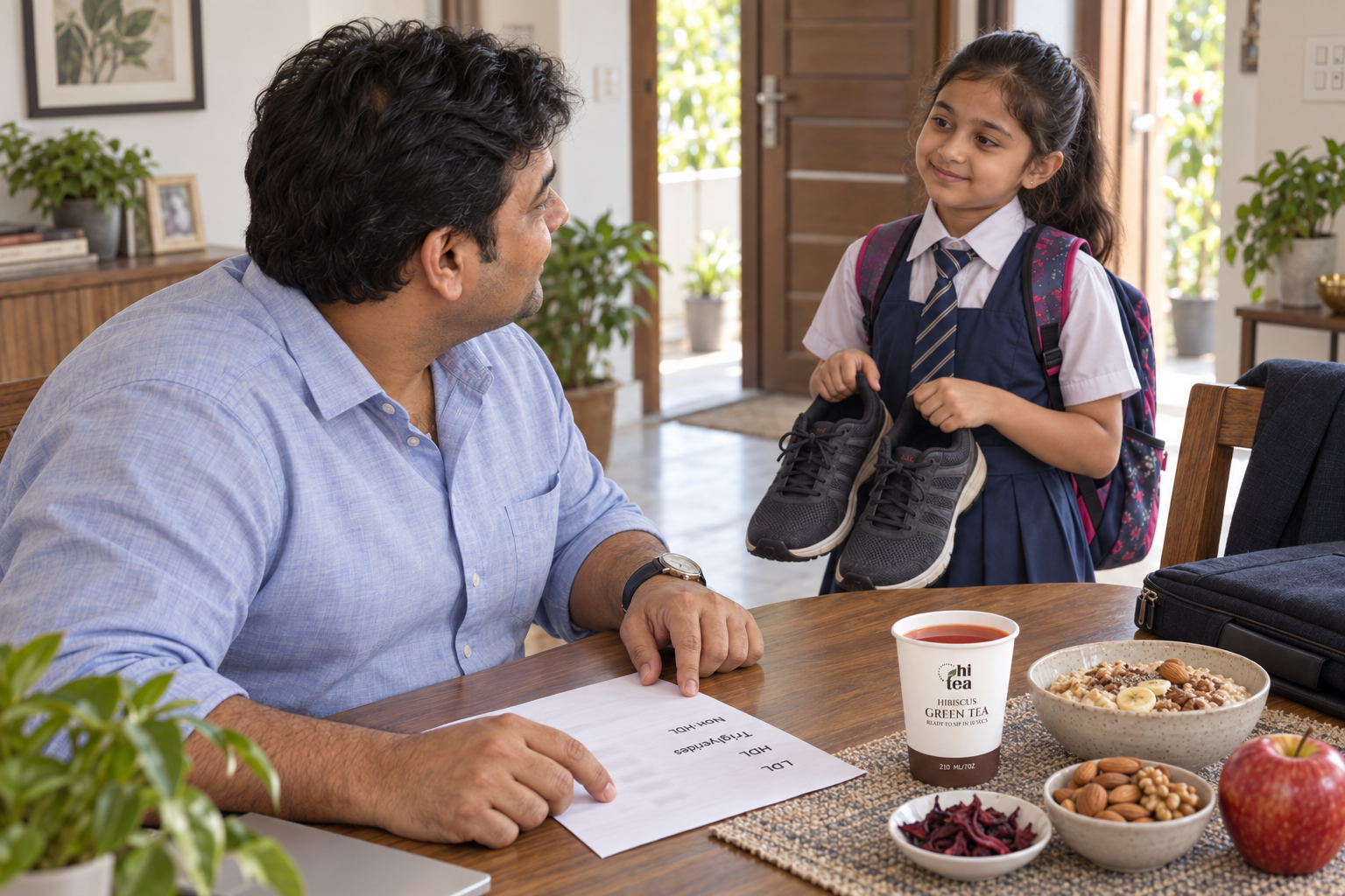 
          HI TEA Hibiscus Green Tea beside a cholesterol report showing LDL, HDL and triglycerides during a healthy Indian morning routine
        
