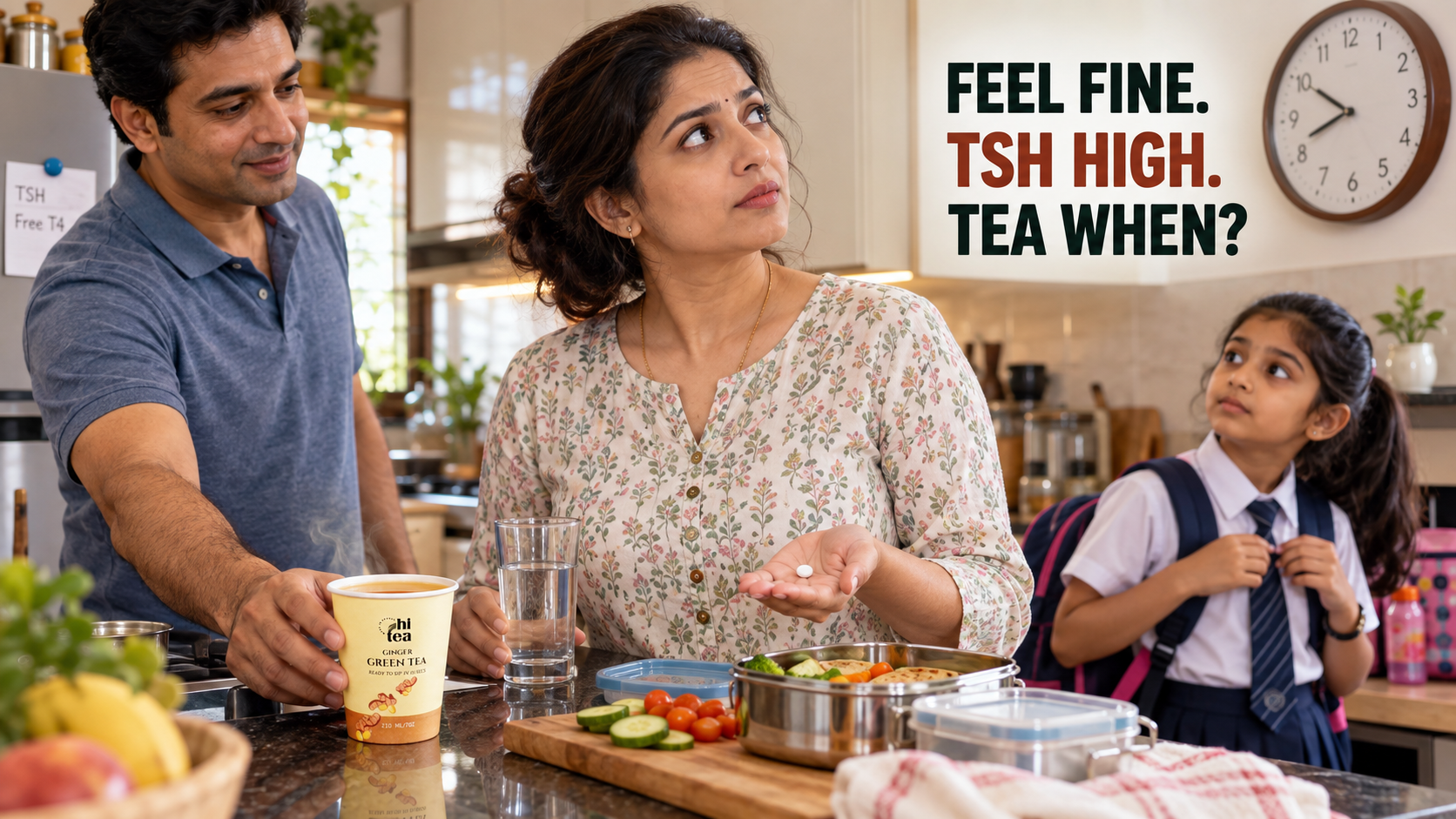 
          A thyroid report and glass of water beside an accurately proportioned 210 ml HI TEA Ginger Green Tea cup in an Indian home.
        