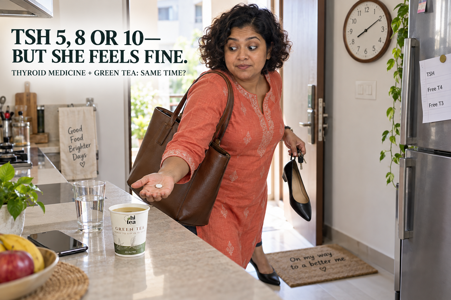 
          Indian woman reviewing a TSH and free T4 thyroid report with HI TEA Classic Green Tea placed separately from her thyroid medicine
        