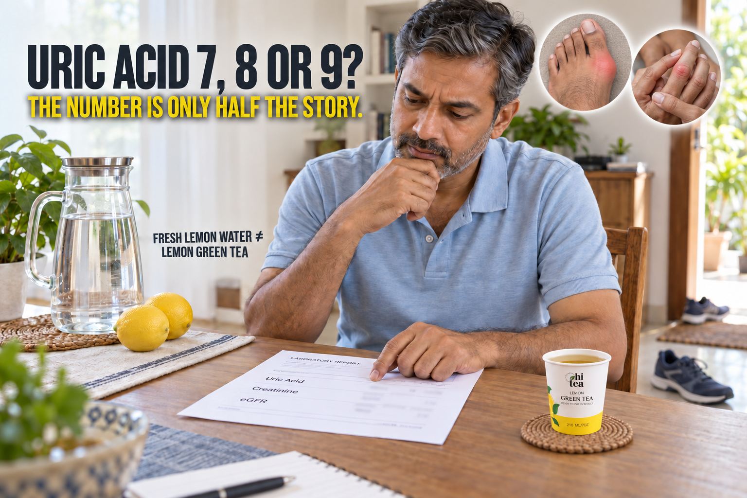 
          Indian man reviewing a high uric acid blood test beside HI TEA Lemon Green Tea and a normal Indian breakfast
        