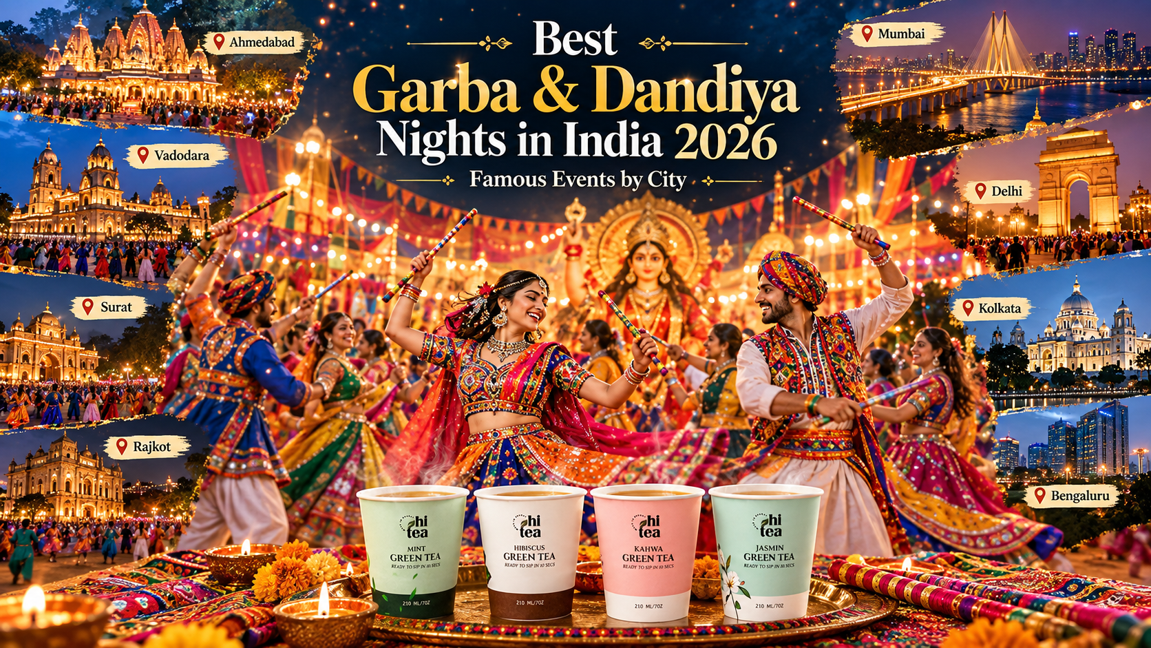 
          Indian family comparing 2026 Garba and Dandiya events by city with dandiya sticks and a HI TEA eight-cup box
        