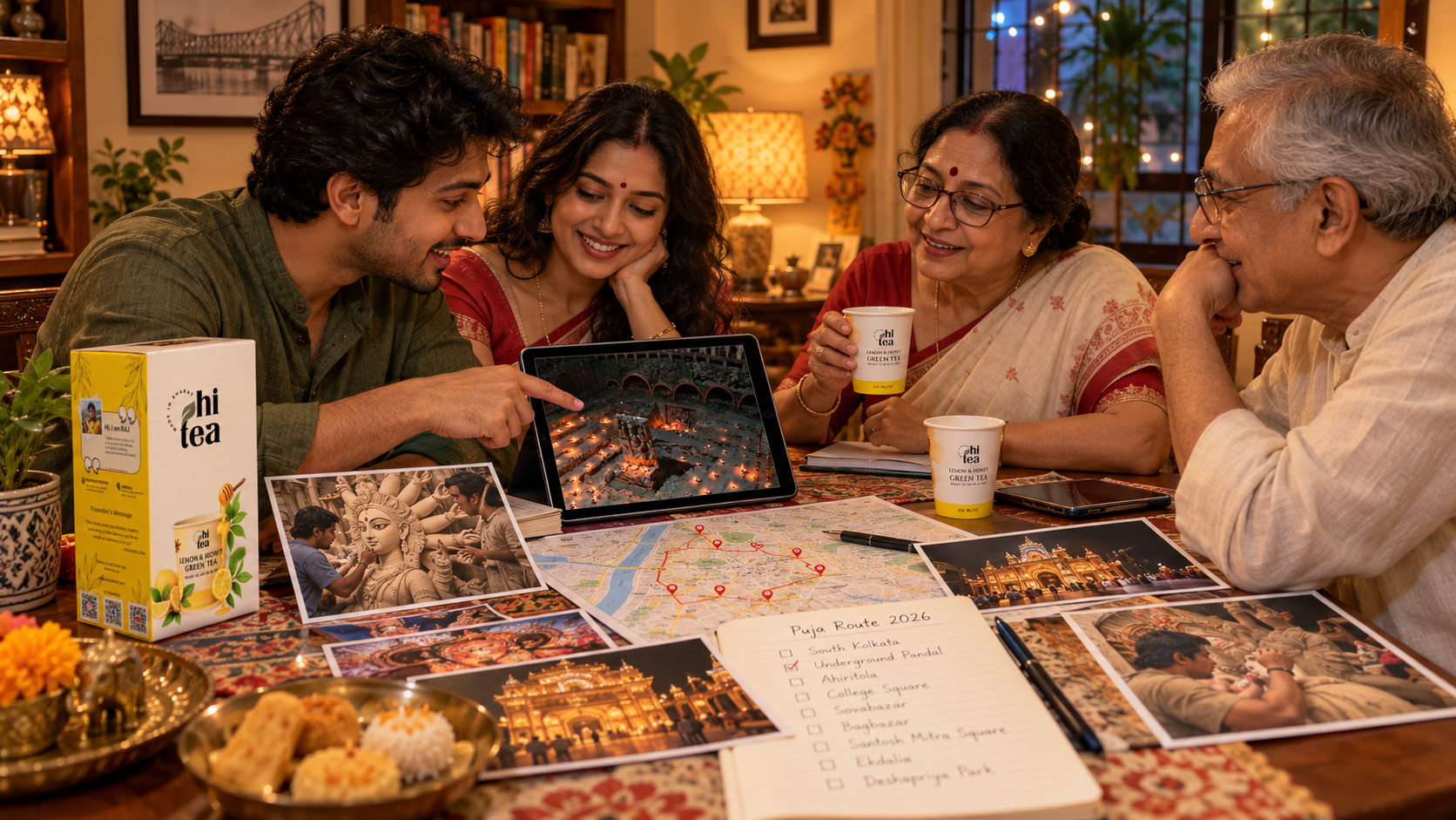 
          Kolkata family reviewing a Durga Puja route and idol maker's work at home beside a HI TEA eight-cup box and handleless tea cup
        