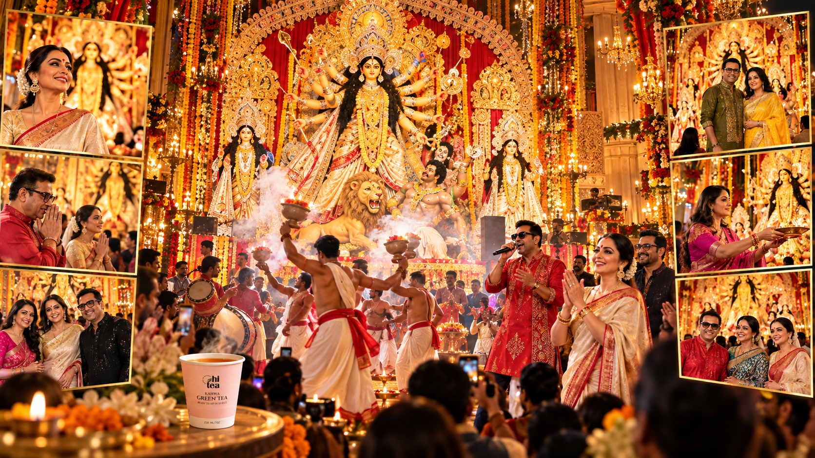 
          Family in a Mumbai home looking through Durga Puja photographs beside a HI TEA box and a small handleless paper cup of tea.
        