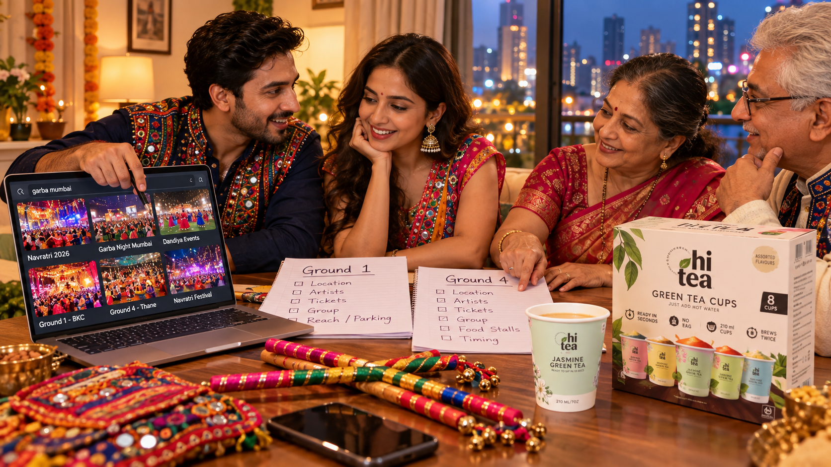 
          Indian family planning a Mumbai Garba night with dandiya sticks, a HI TEA eight-cup box and a small handleless paper cup
        
