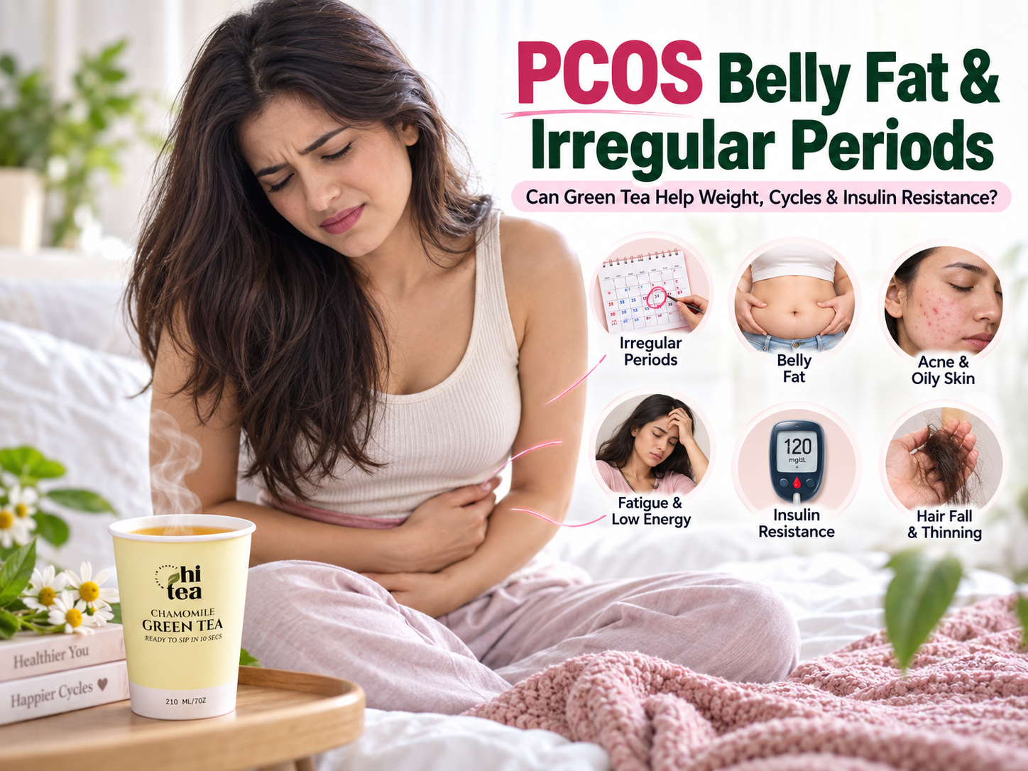 
          Indian woman managing PCOS belly fat and irregular periods with HI TEA Ginger Green Tea as part of her morning routine
        