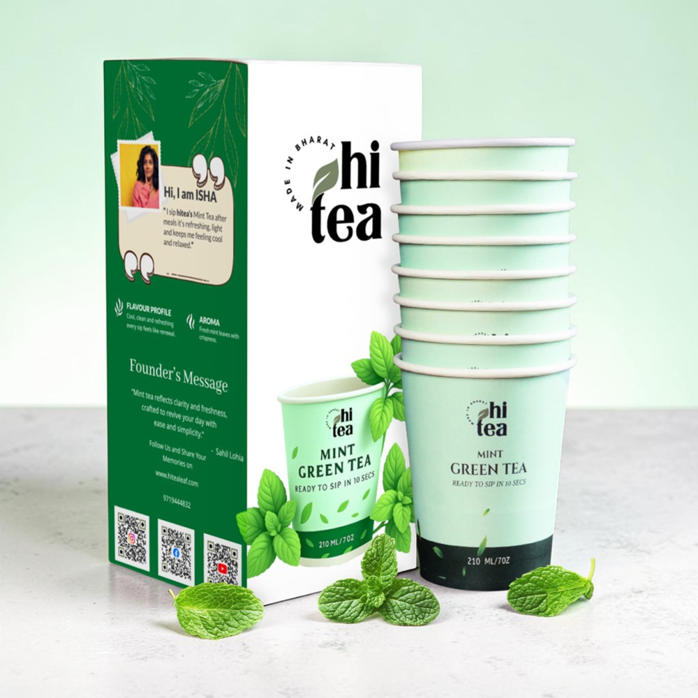 Bloating comfort and refreshment Mint Green Tea Instant Cups by HI TEA, 8 cups per box, ready in 10 seconds