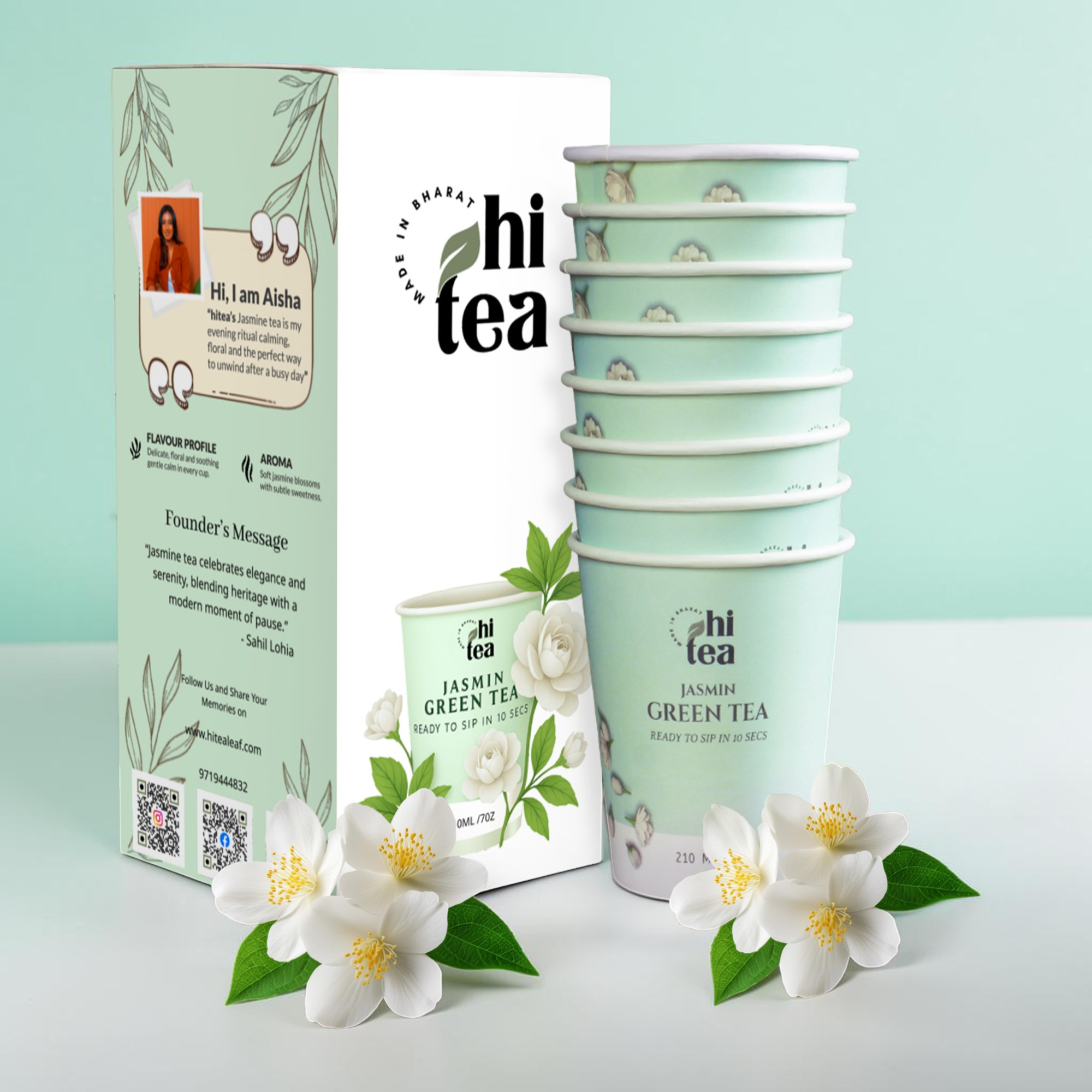 
            Calm mind and floral wellness Jasmine Green Tea Instant Cups by HI TEA, 8 cups per box, ready in 10 seconds
          