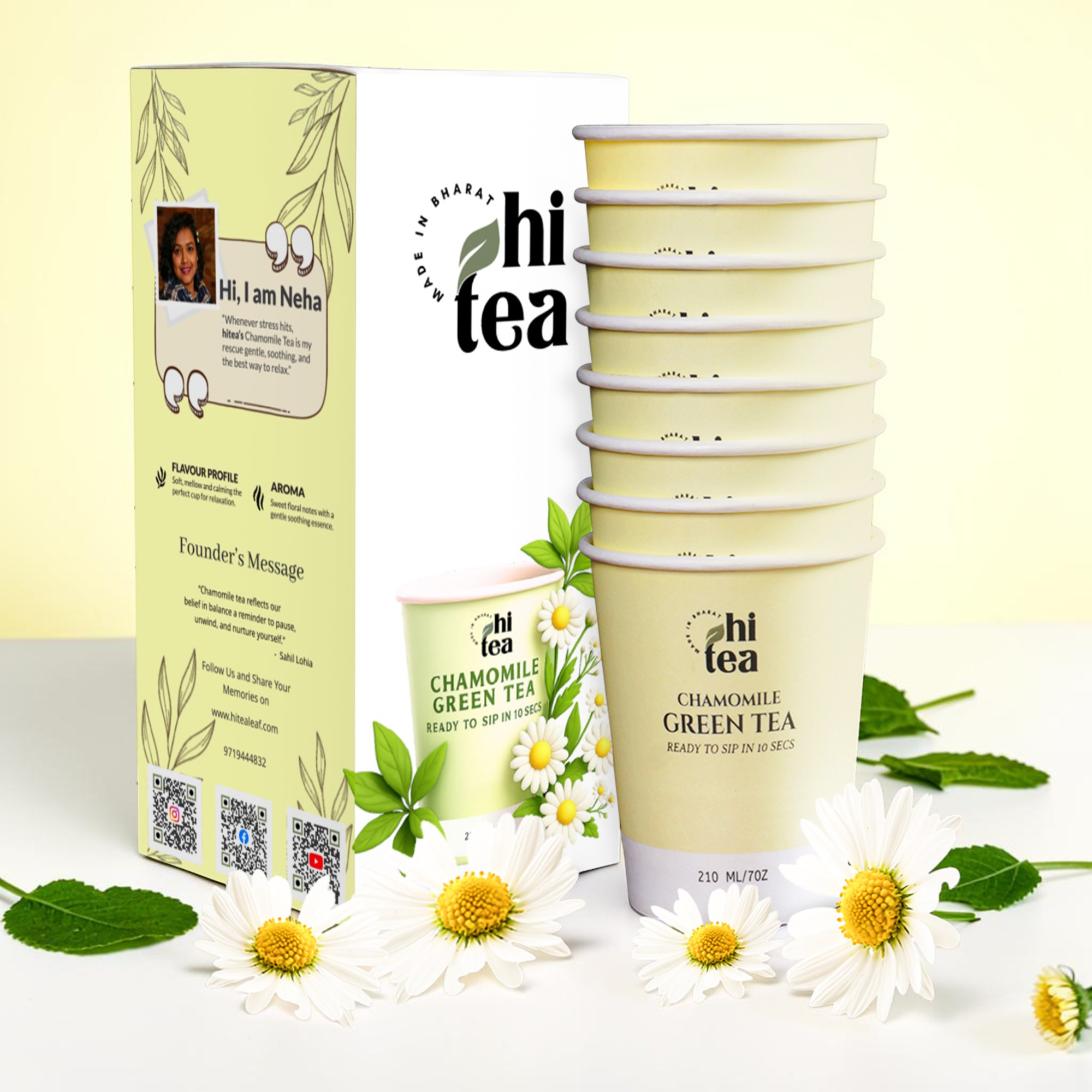 
            Calm mind and sleep support Chamomile Green Tea Instant Cups by HI TEA, 8 cups per box, ready in 10 seconds
          