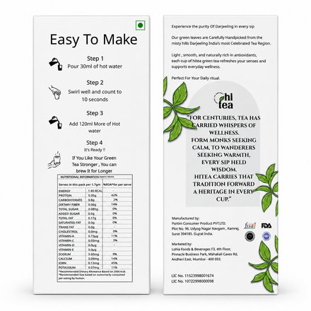 Detailed box information for Green Tea Instant Cups by HI TEA with nutrition, ingredients, usage steps and product details
