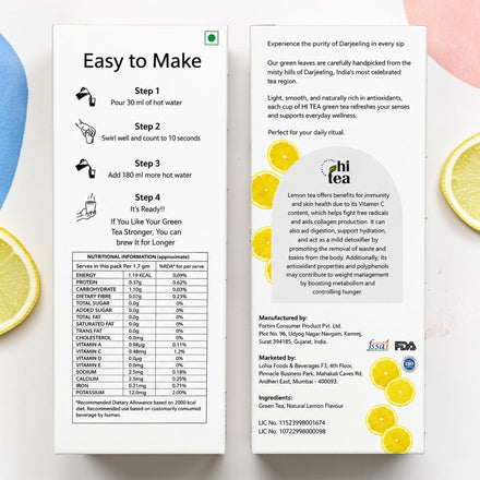 Detailed box information for Lemon Green Tea Instant Cups by HI TEA with nutrition, ingredients, usage steps and product details

